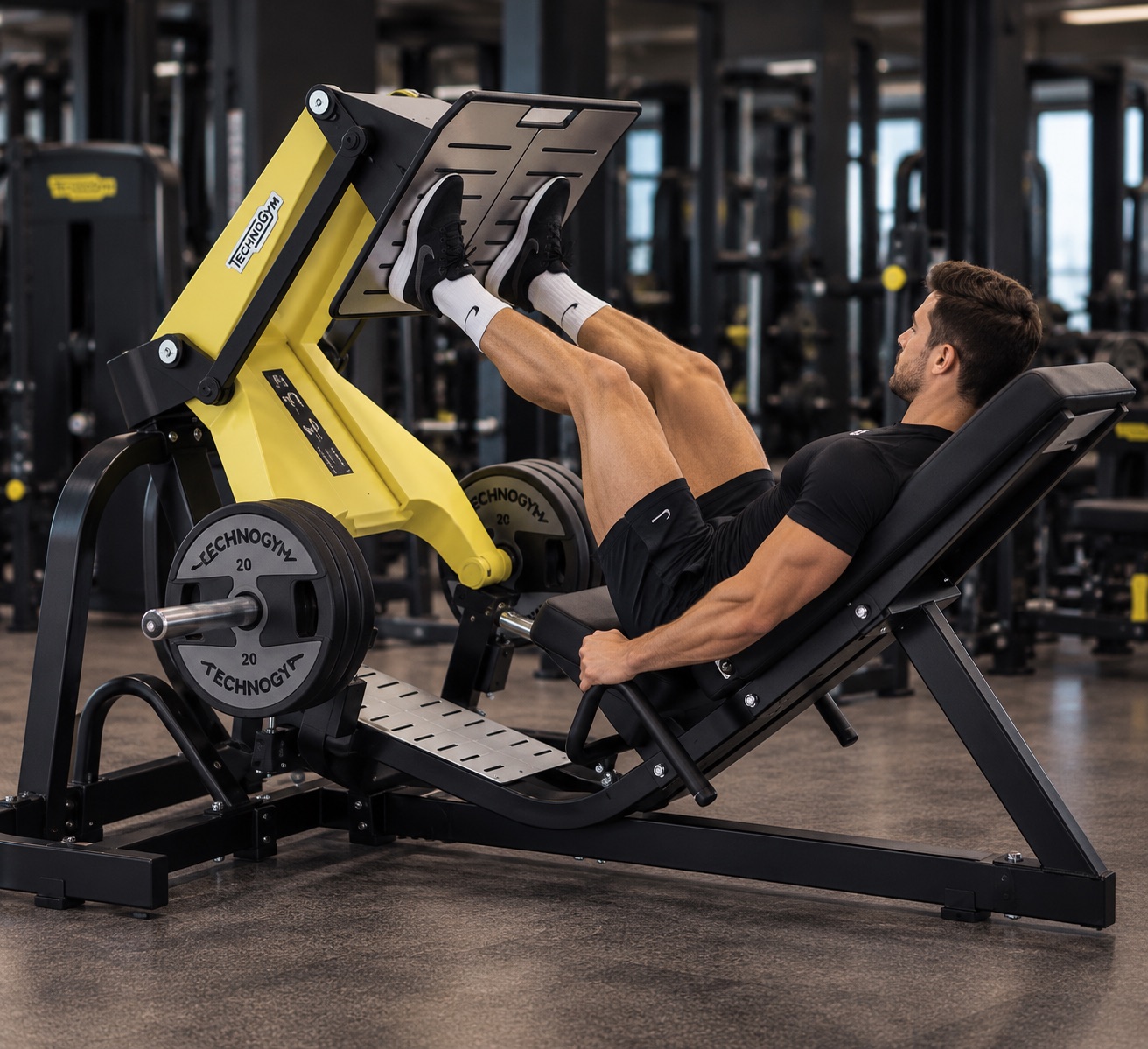 Prensa de piernas en maquina technogym